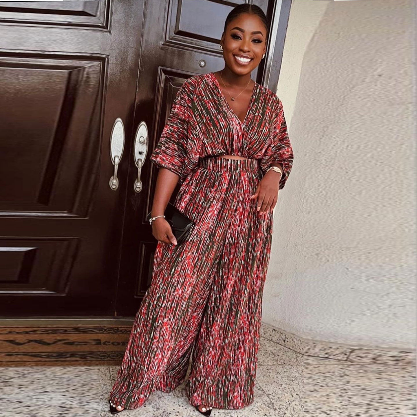 Printed Contrasting V-Neck Wide-Leg Two-Piece Pants Set 4