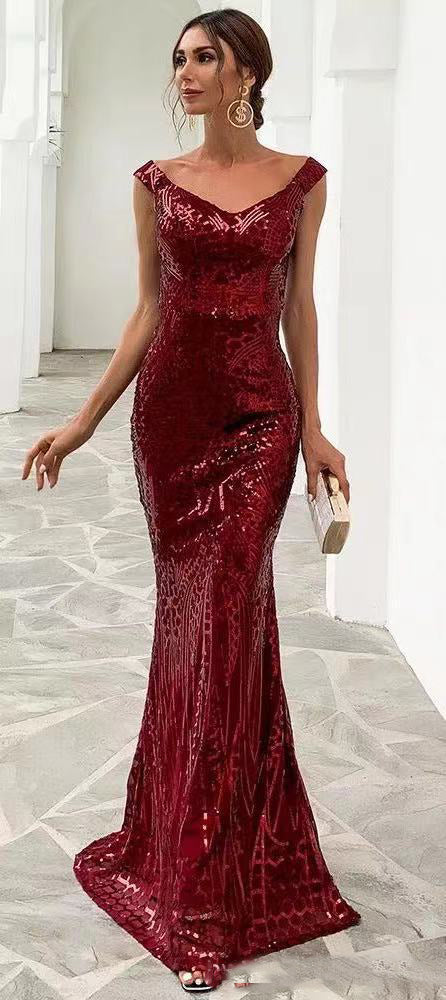 Women Off Shoulder Sequin Backless Maxi Dress