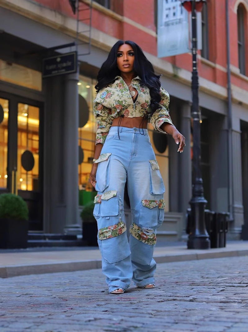 Women autumn flowers jacket and denim cargo pant two piece set 6