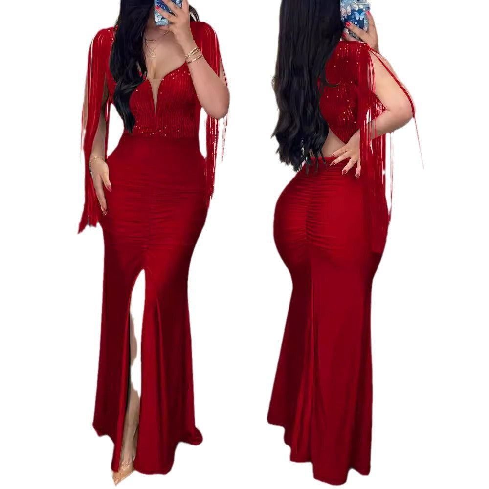 Women Sequin Round Neck Split Tassel Pleated Bodycon Sexy Dress 7