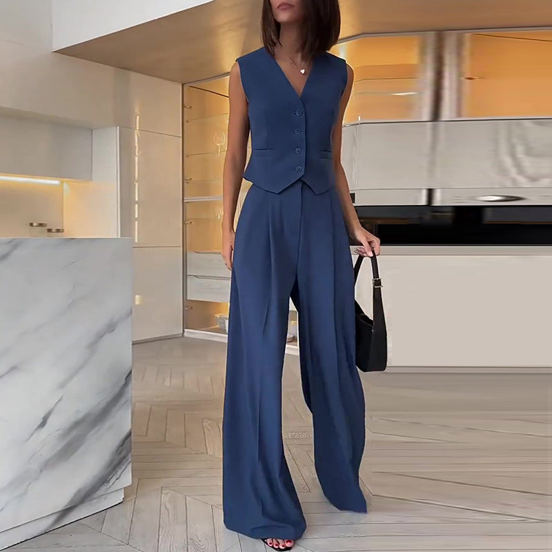 Women 's Spring V-Neck Sleeveless Vest Wide-Leg Trousers Casual Suit 5
