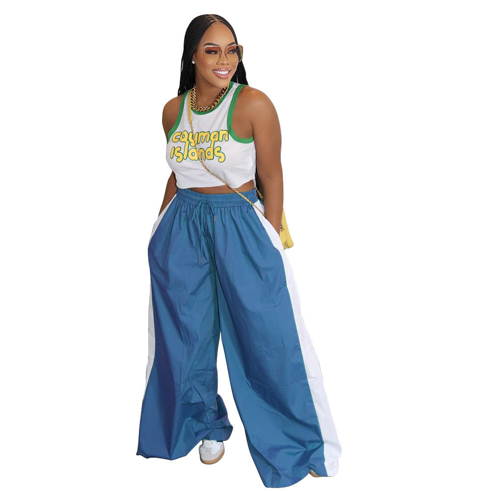 Women Sports Contrast Patchwork Casual Wide Leg Pants 11