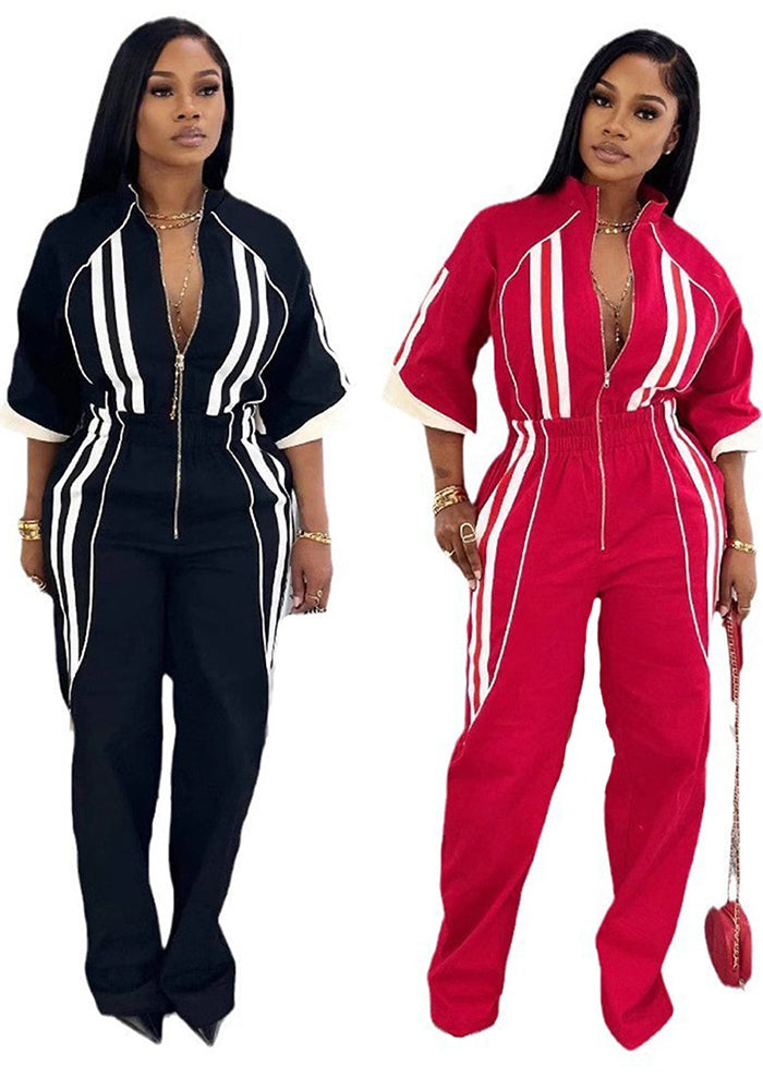 Women's Clothing Stand Collar 7-Quarter Sleeves Slim Waist Zipper Long Jumpsuit