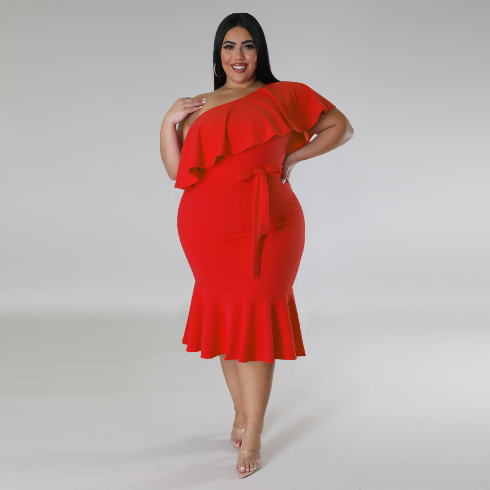 Plus Size Women'S Fashion Fit Casual Ruffle One Shoulder Midi Dress 5