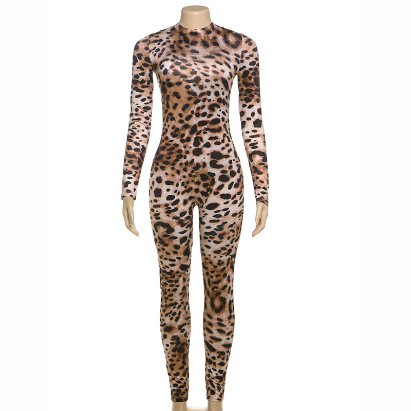 Women Sexy Contrast Leopard Round Neck Long Sleeve Jumpsuit 8