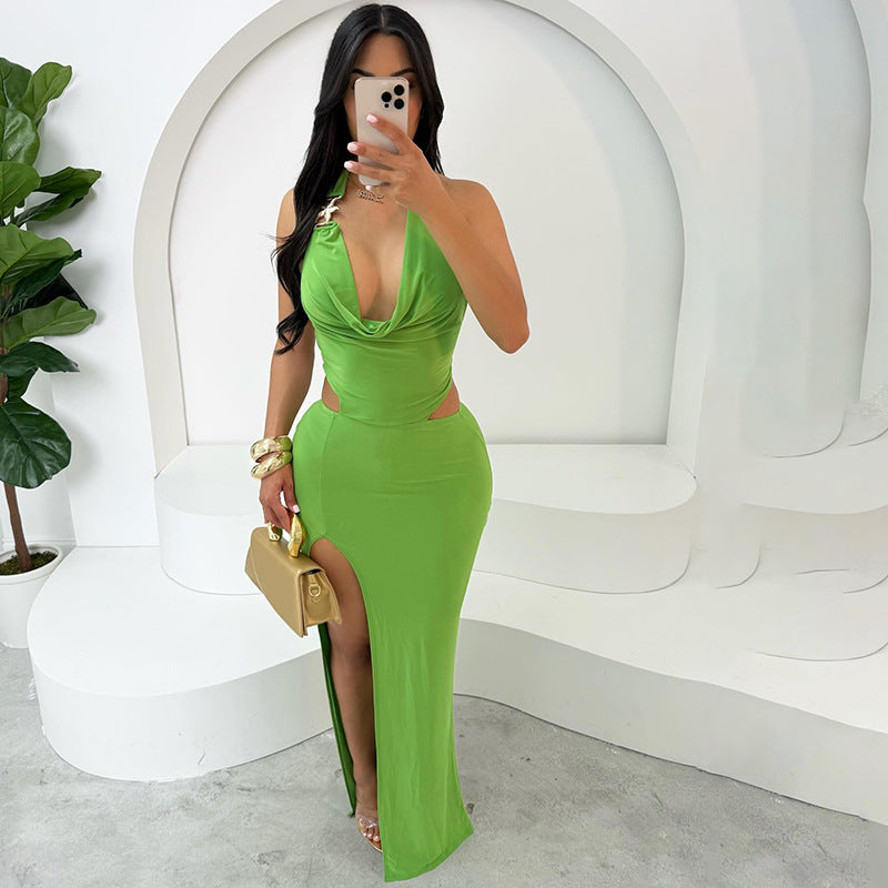 Women Spring Summer Sexy Halter Neck Backless Solid Bodycon Slit Dress 4