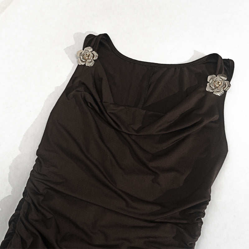 Women Strapless Sleeveless Pleated Bodycon Slit Maxi Dress 15