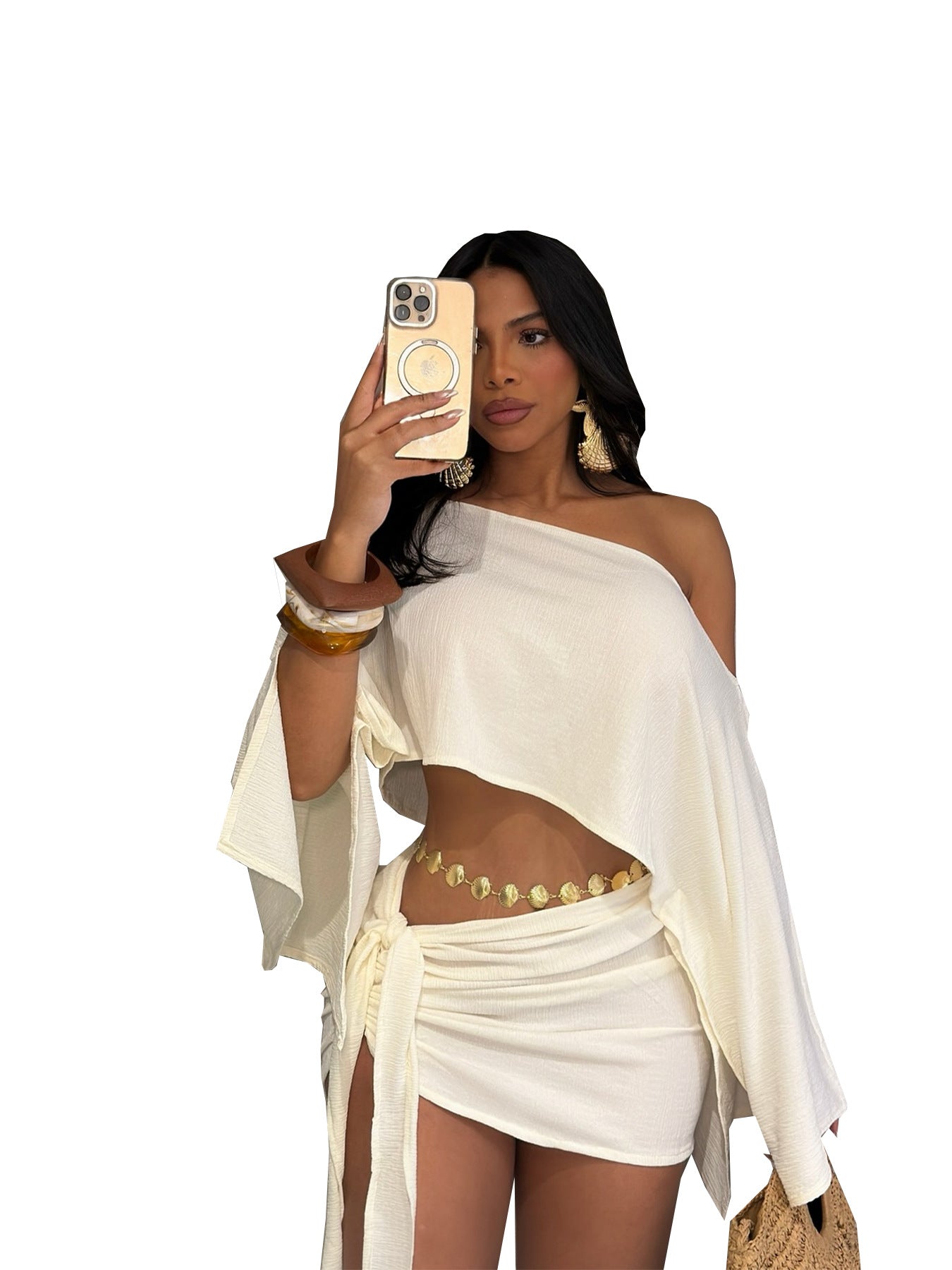 Women's Summer Beach Holidays Slash Shoulder Top Lace-Up Bodycon Short Skirt Set 10