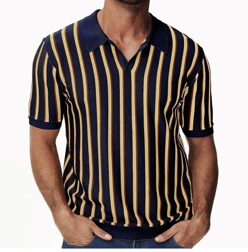 Men's Summer Turndown Collar Chic Striped Knitting polo Shirt Short Sleeve Tops 4