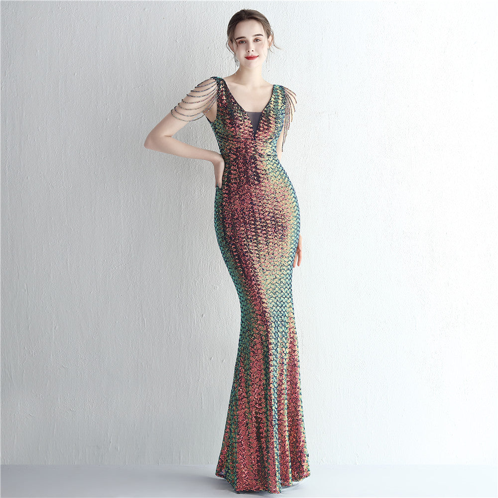 Women Beaded Iridescent Strapless Evening Dress 17