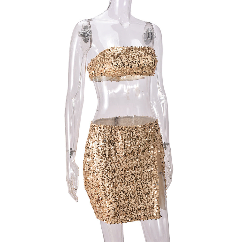 Women Summer Crop Backless Split Sequin Strapless Top and Skirt Two Piece Set 10