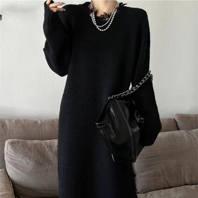 Long Ripped Raw Edge Knitting Dress Women's Autumn And Winter Loose Long Sleeve Basic Shirt 14