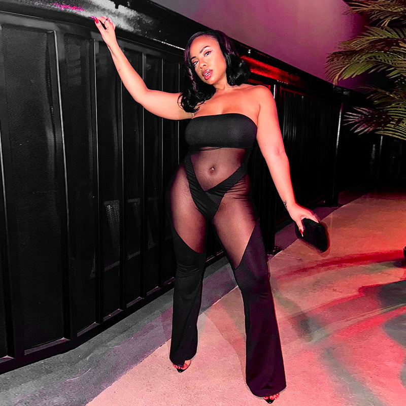 Women Sexy See-Through Strapless Patchwork Jumpsuit Sexy Lingerie