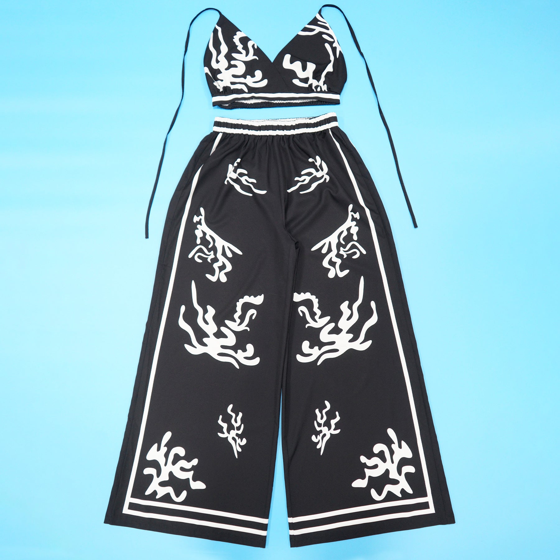 Summer Sexy Print Halter V Neck Vest Wide Leg Pants Two Piece Set 13