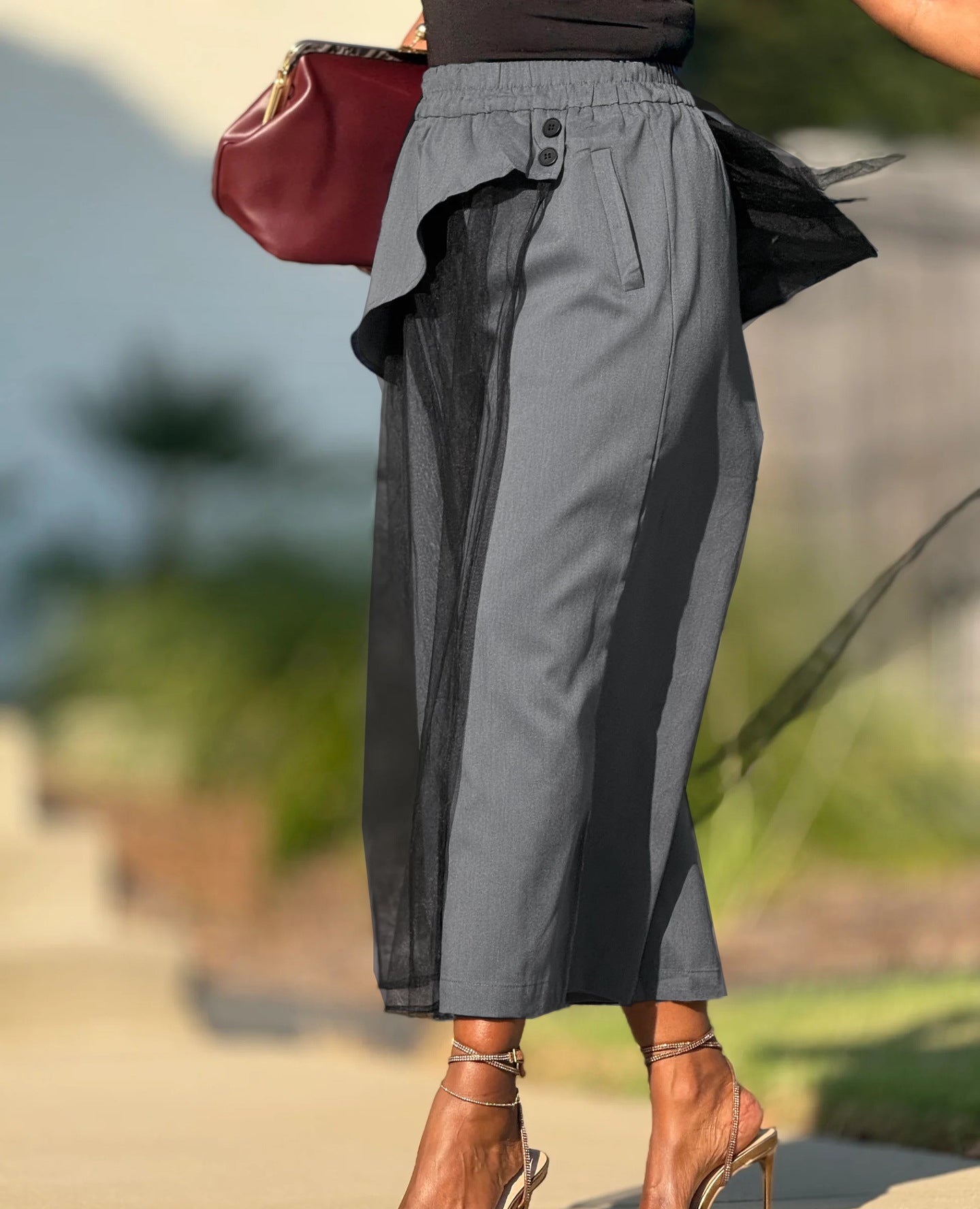 Women's Patchwork Mesh Fashion Wide-Leg False Two-Piece Casual Pants 5