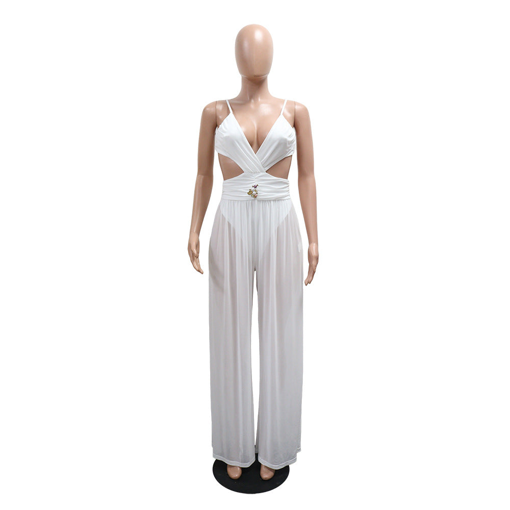 Sexy V-Neck Tie Low Back See-Through Jumpsuit with Long Pants for Women 3