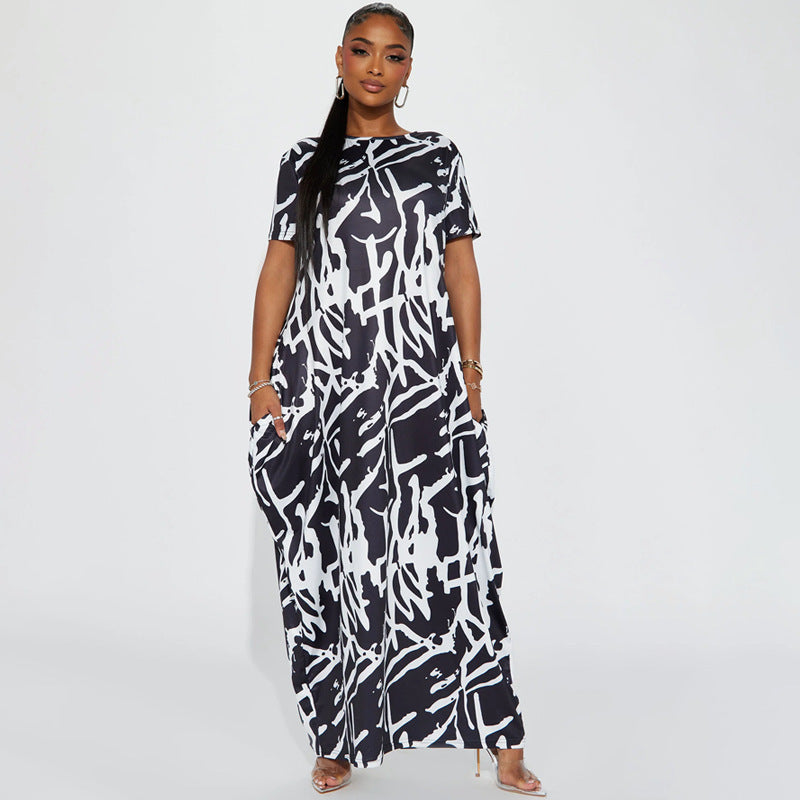 Women Casual Printed Black and White Short-Sleeve Round Neck Maxi Dress