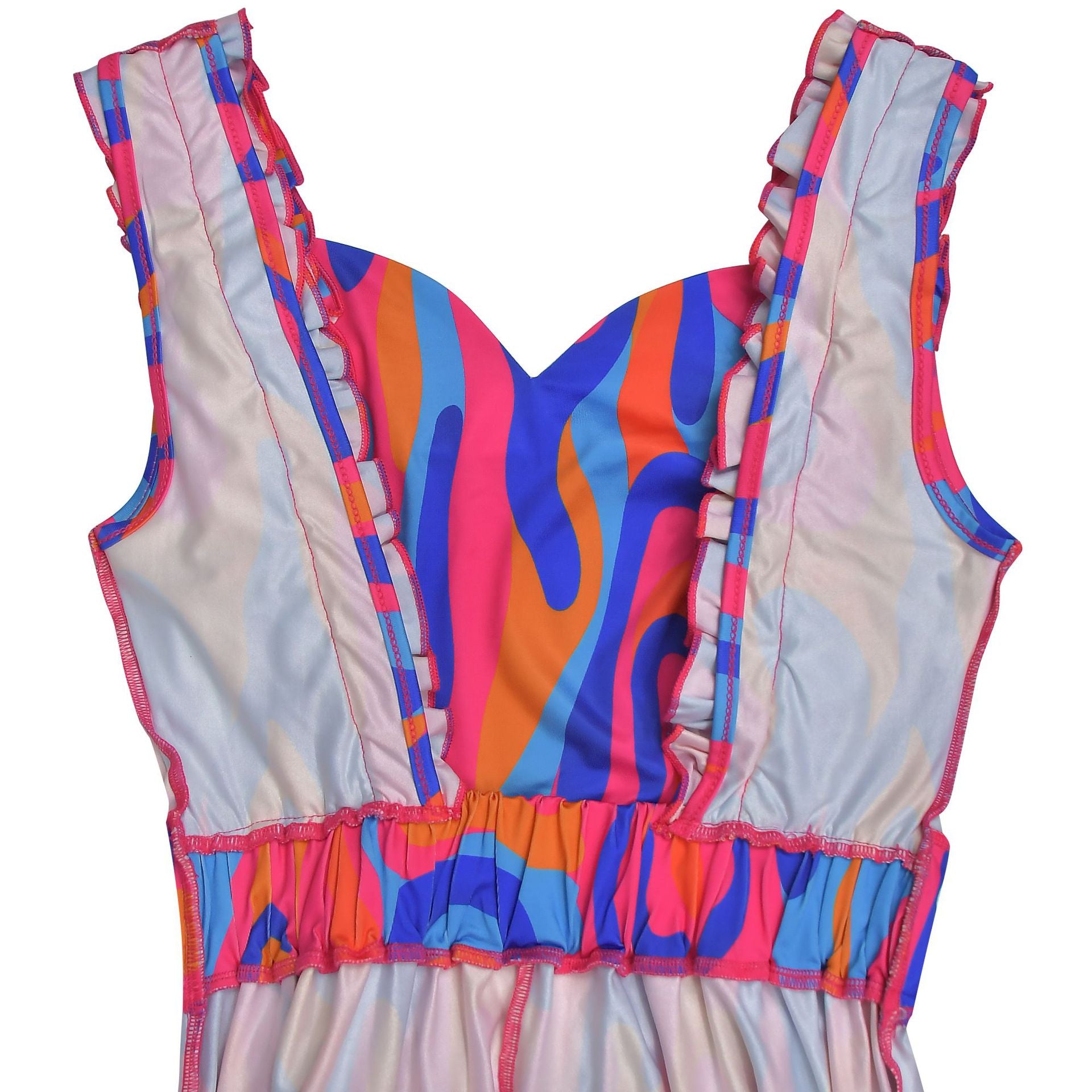 Women elegant ruffled shoulder strap printed dress 15