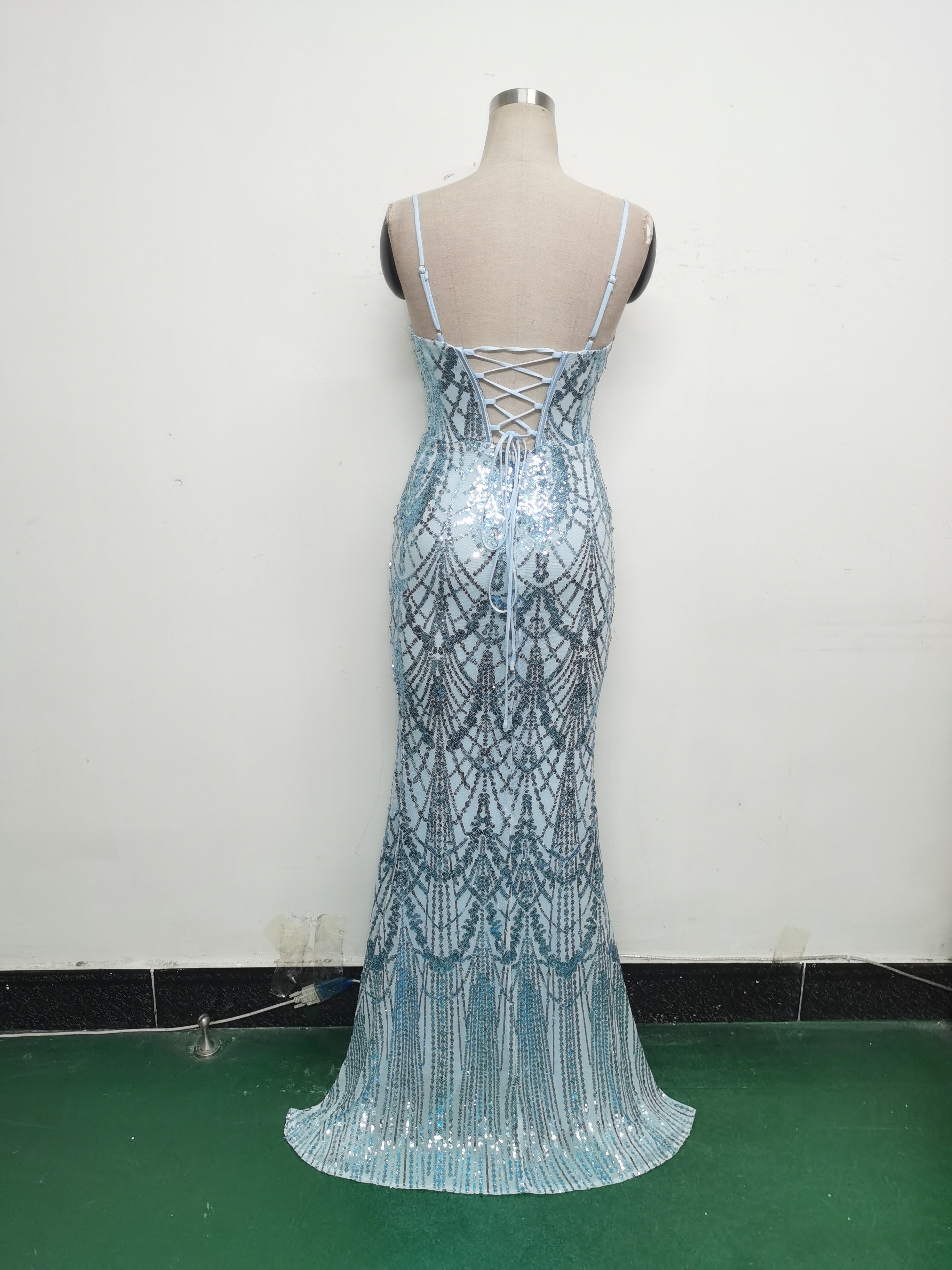 Women Beaded Tube Fishbone Lace-Up Sequin Formal Party Evening Dress 45