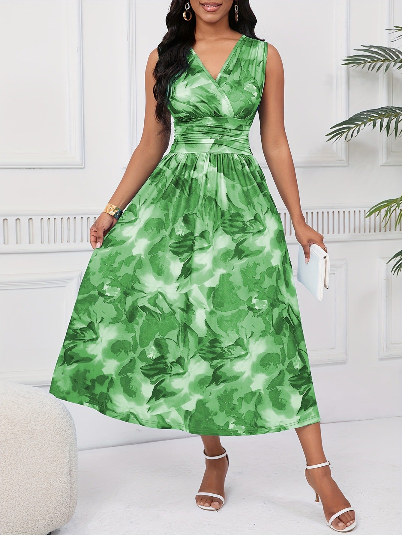 Women Summer Elegant V-neck Petal Print Dress