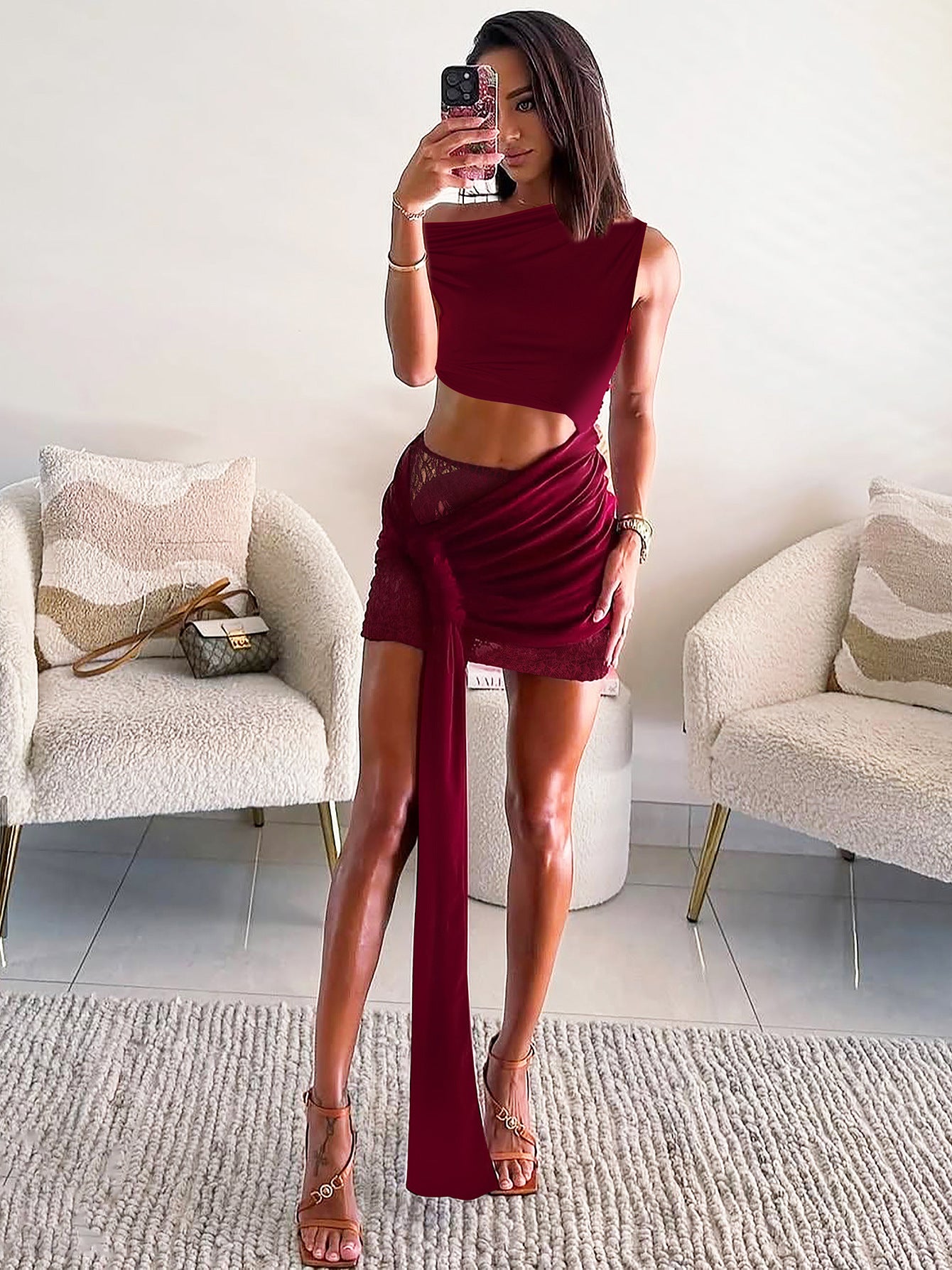 Women Summer Solid Slash Shoulder Sexy Cutout Lace Bodycon Dress 4