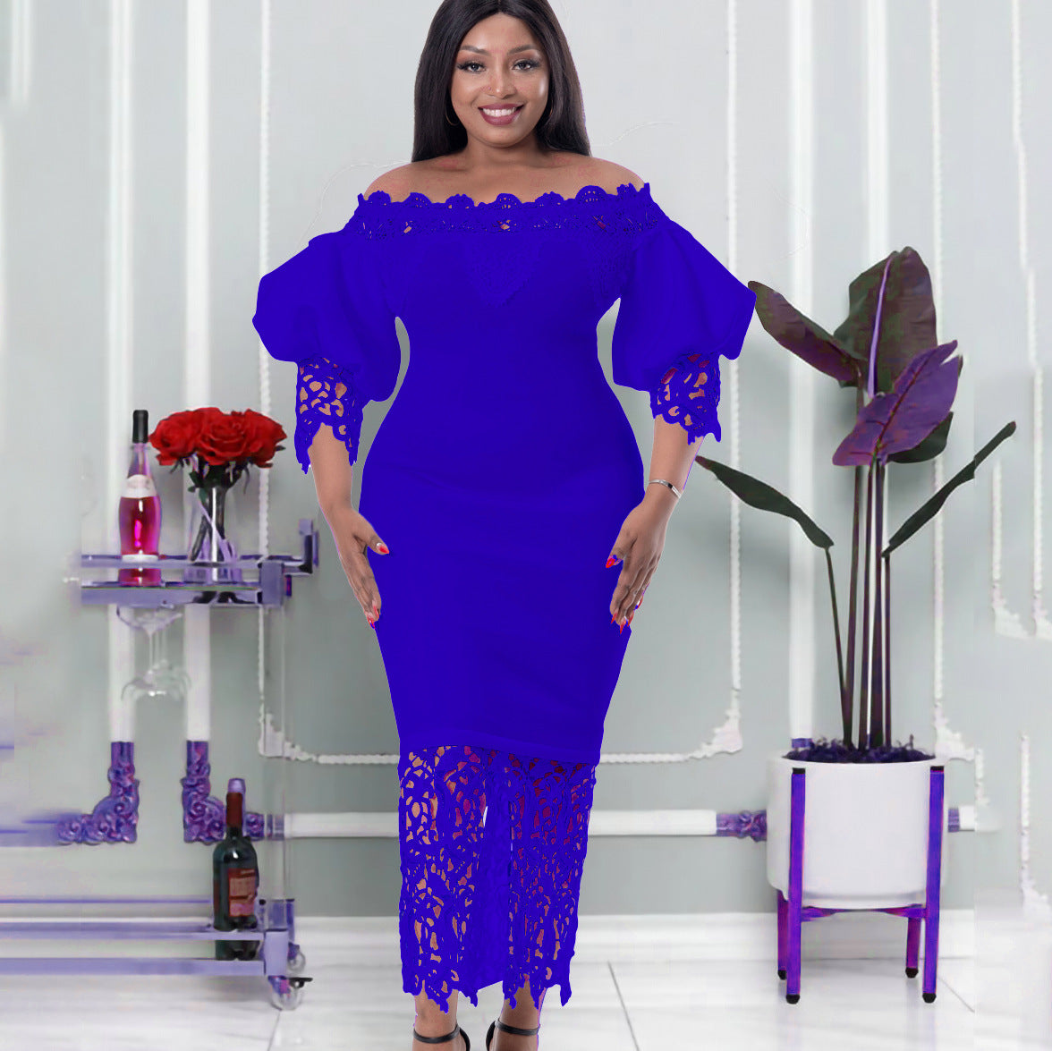 Off Shoulder Off Shoulder Bodycon Lace Patchwork Balloon Sleeve Gown Dress 7