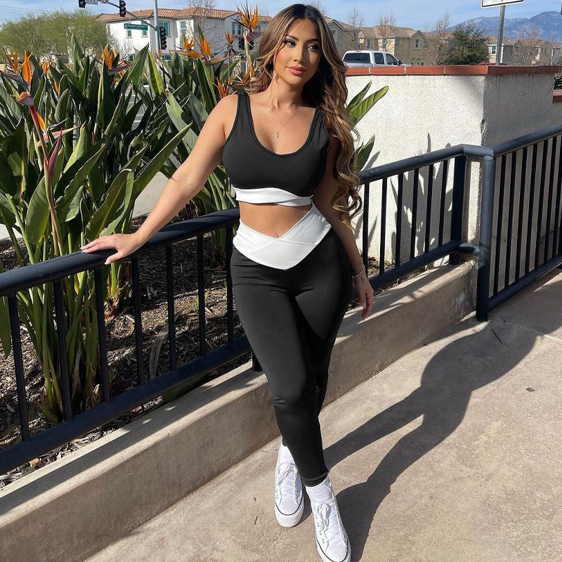 Women's Summer Fashion Solid Color Sleeveless Yoga Sports Tank Top Leggings Two Piece Set 4