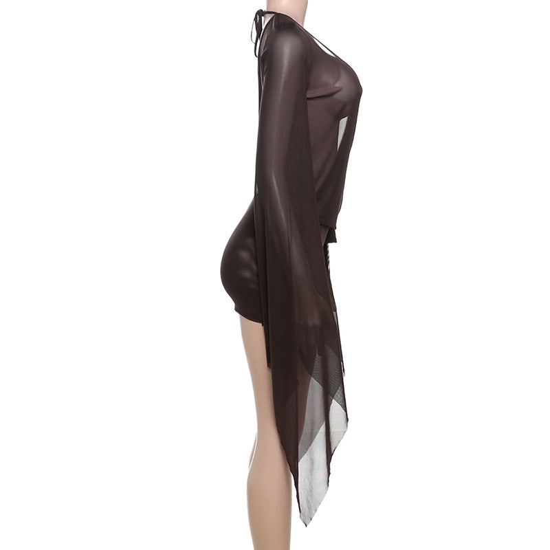 Spring Sexy Deep V See-Through Low Back Lace-Up Solid Mini Dress 9