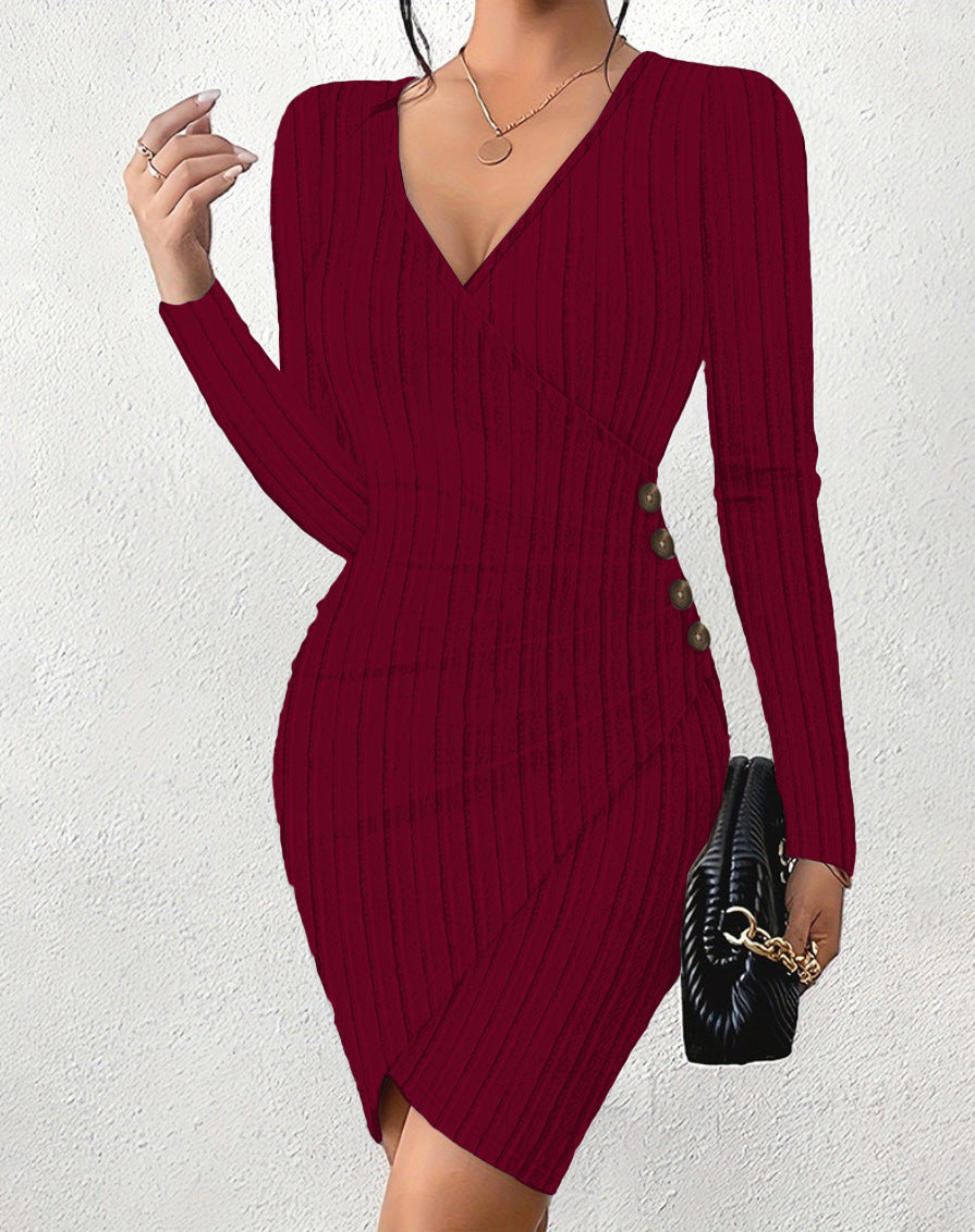 Women Solid V Neck Bodycon Sexy Long Sleeve Dress 4