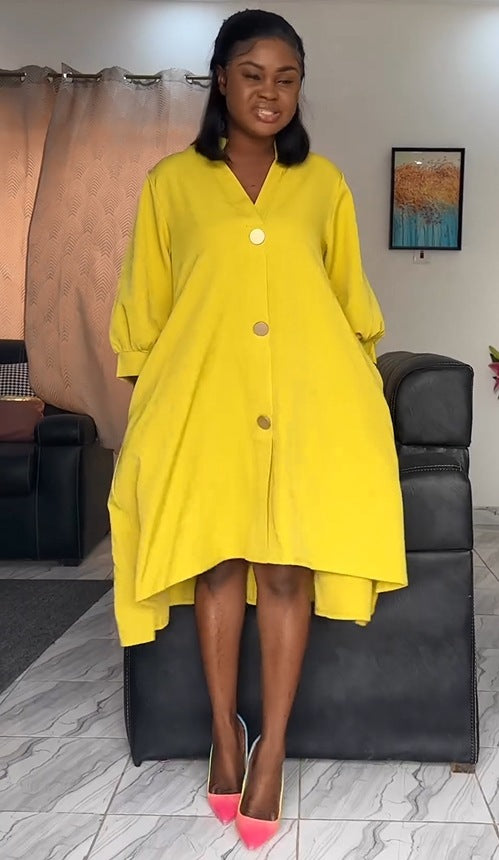 Women Solid Irregular Lantern Sleeve Dress 3