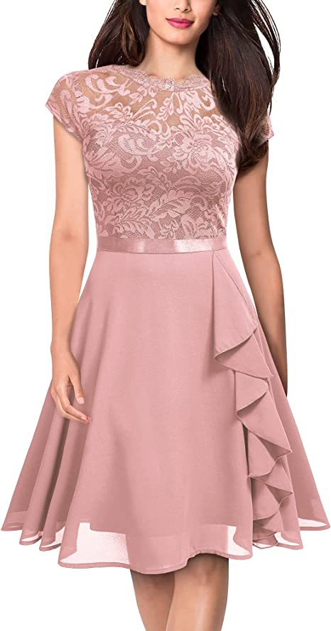 Summer Half-High Collar Short-Sleeved Lace Mid-Length Chiffon Patchwork Elastic Belt Dress 4