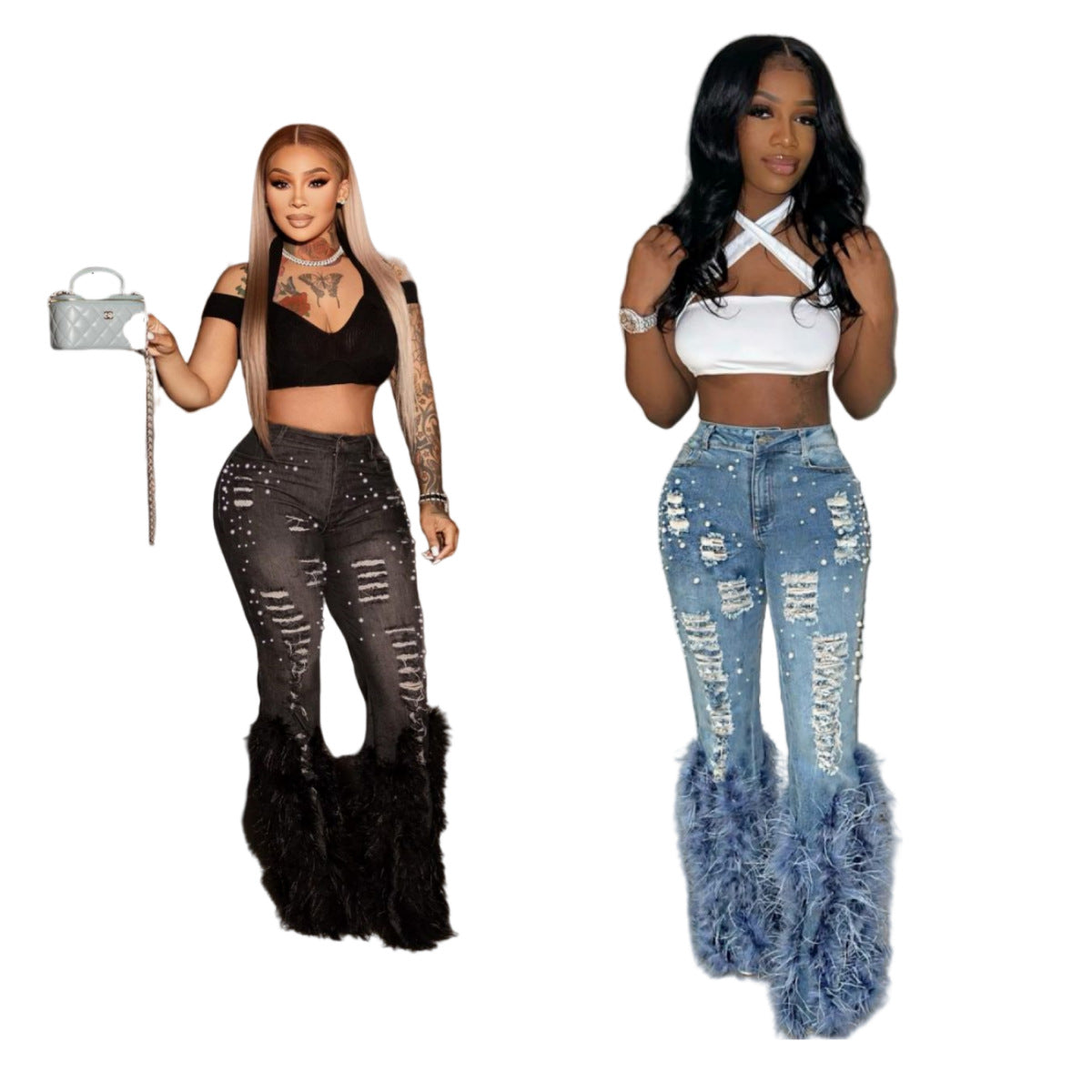 Women Pearl Embellished Feather Stretch Denim Pants 5