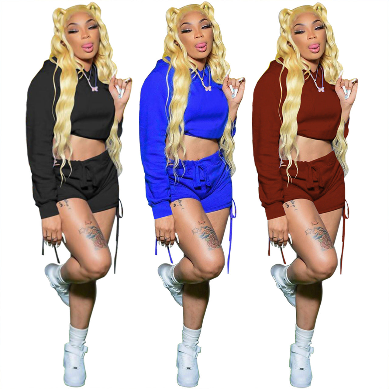 Women Casual Solid Lace-Up Drawstring Long Sleeve Top and Short Two-Piece Set 5