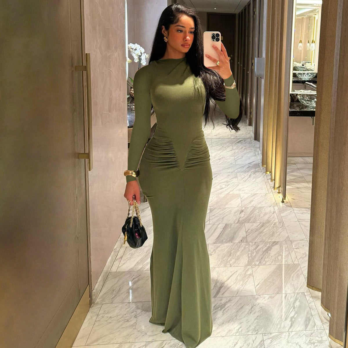 Women summer pleated Round Neck long-sleeved dress 4