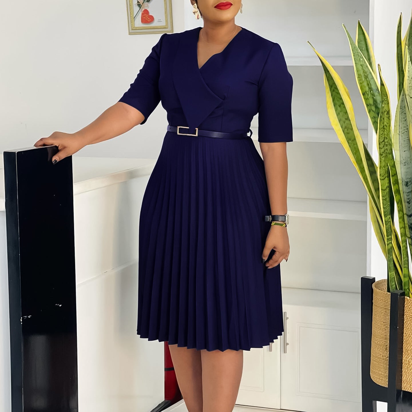 Women's Summer Fashion V-Neck Solid Color Plus Size Pleated African Dress 6