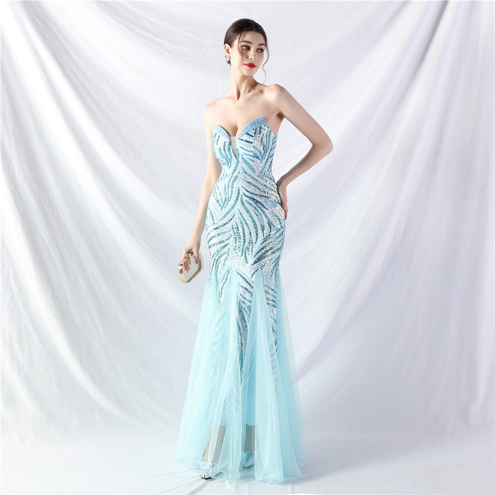 Sequin Mesh Patchwork Strapless Mermaid Evening Dress 16