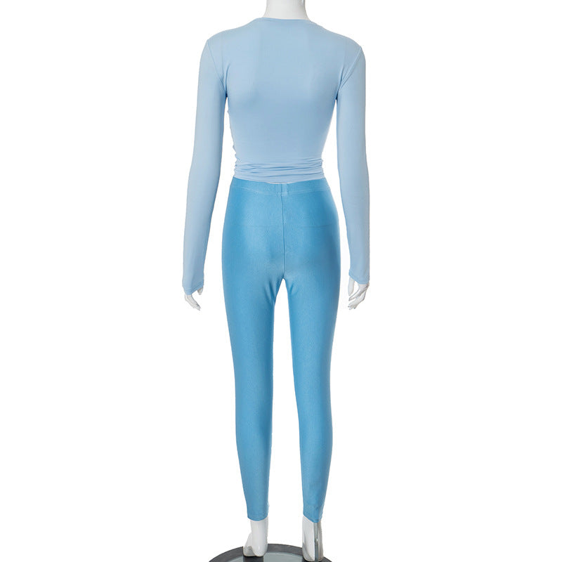 Women Round Neck Long Sleeve Top Pants Casual Two Piece Set 10