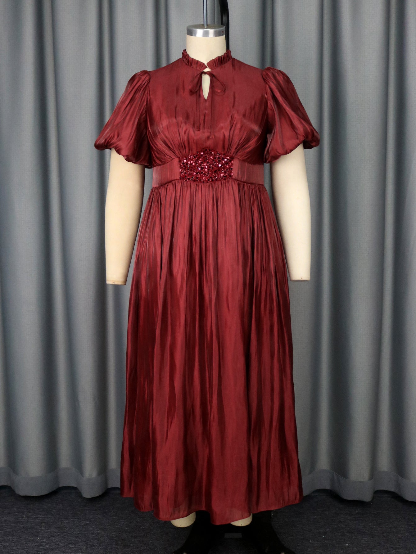 Plus-Size Women Lantern Puff Sleeve Ruffle Belted Sequined Formal Party Dress 10