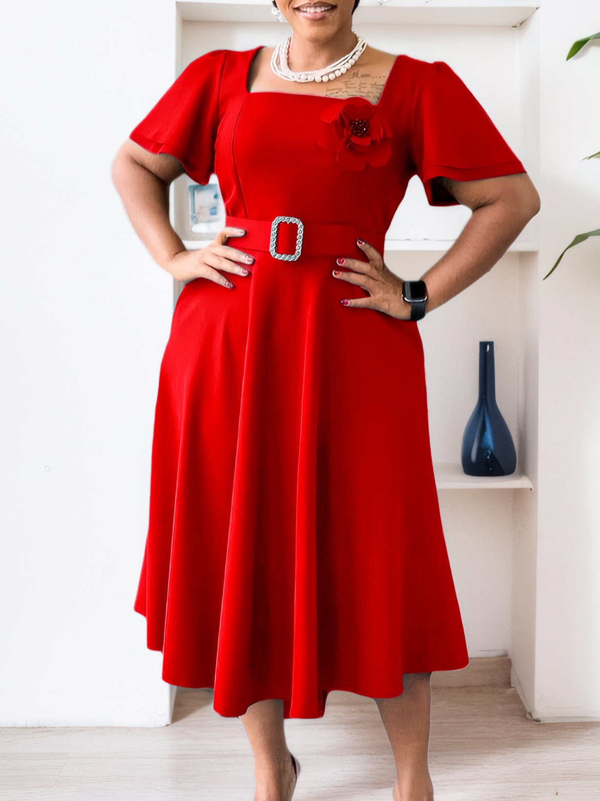 Women summer square neck solid African dress 6