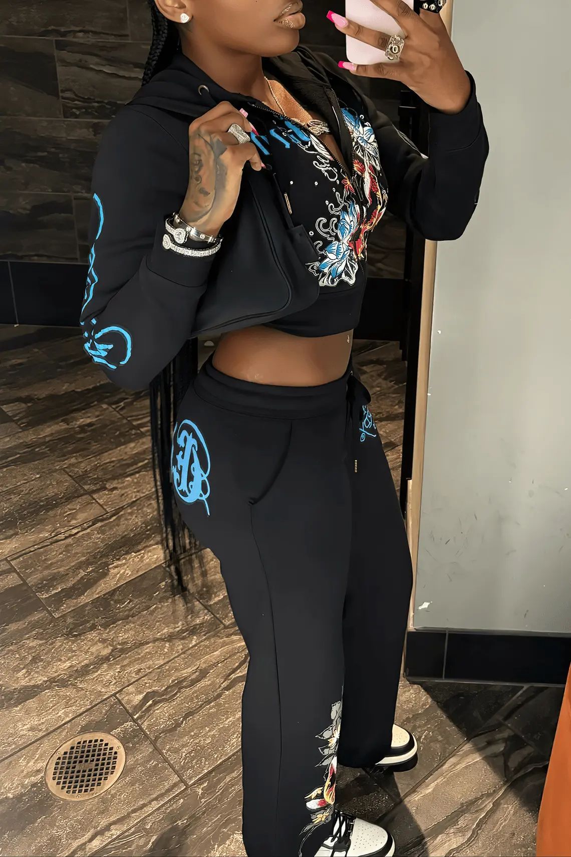 Women's Fashion Casual Print Hooded Two Piece Pants Set 7