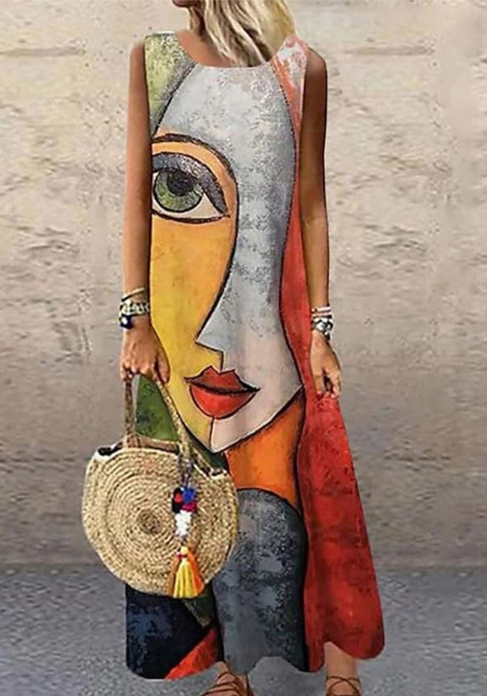 Women Vintage Print Sleeveless Round Neck Maxi Dress