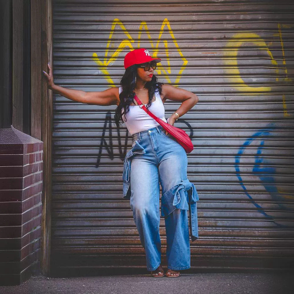 Women Lace-Up Pocket Wide Leg Straight Denim Pants 4