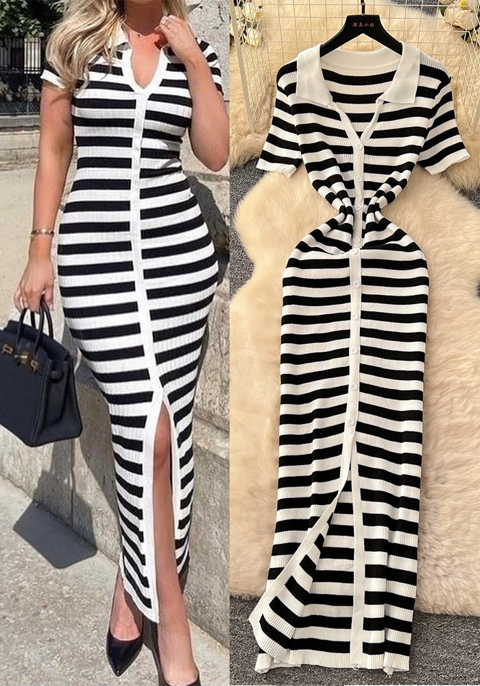 Women Metal Button Slit Knitting Dress