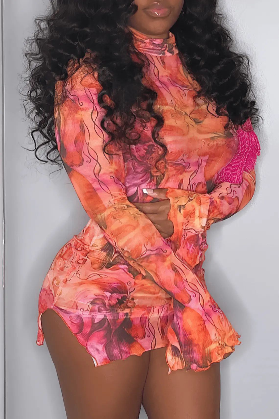 Women Casual Street Slit Printed Floral Turtleneck Mini Dress 9