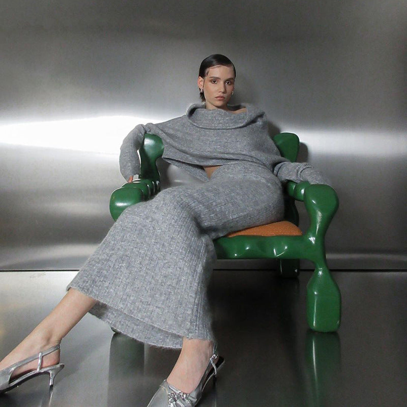 Women Off Shoulder Long Sleeve Loose Solid Knitting Sweater 5