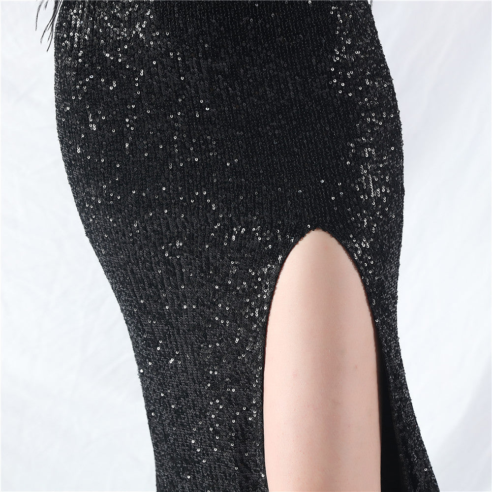 Women ostrich feather long-sleeved sequined evening dress 25