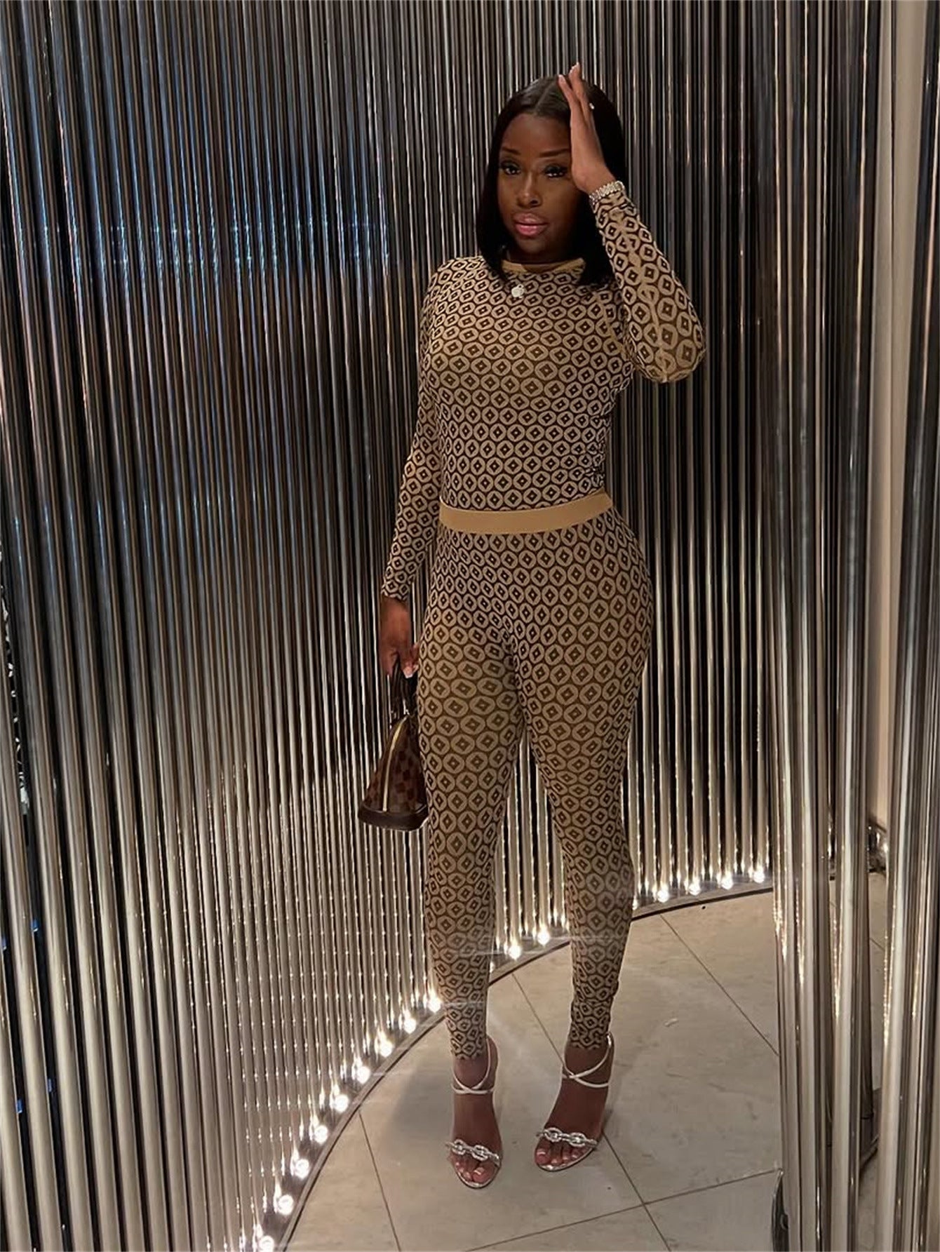 Women printed sexy stretchy long sleeve round neck top trousers two-piece set 5