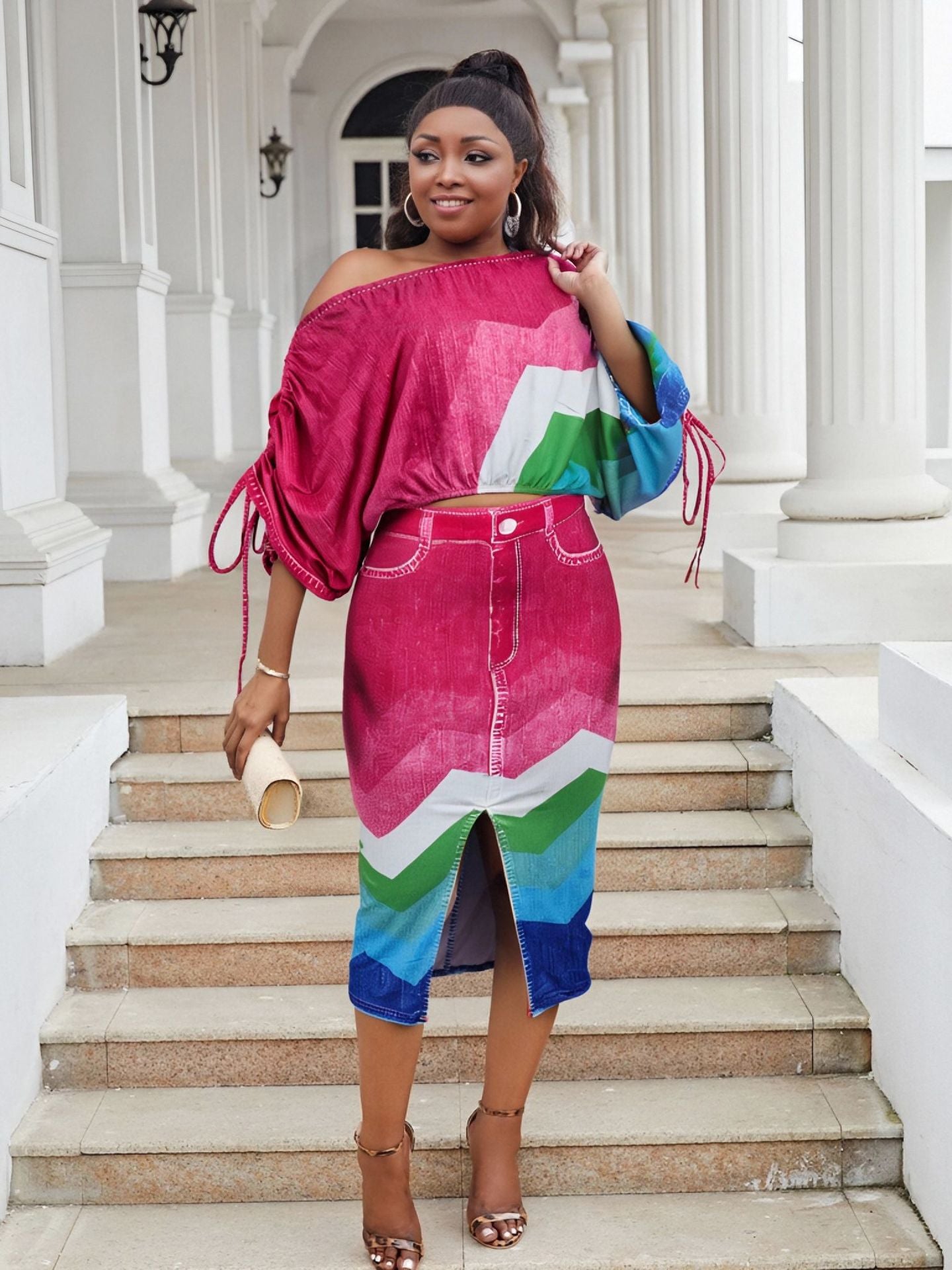 Plus Size Off Shoulder Printed Bat Sleeves Top Split Long Skirt Two Piece Set 4