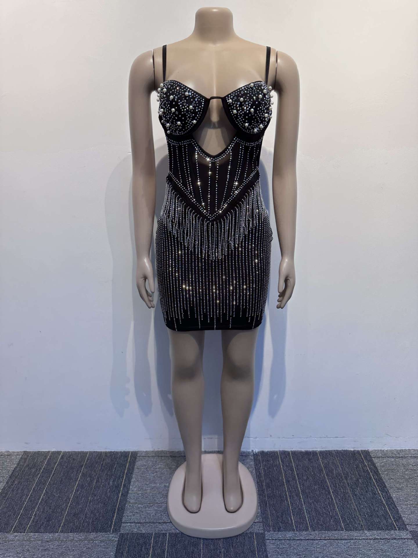 Women Beaded Pearl Hollow Ribbon Bodycon Stretch Strap Dress 11