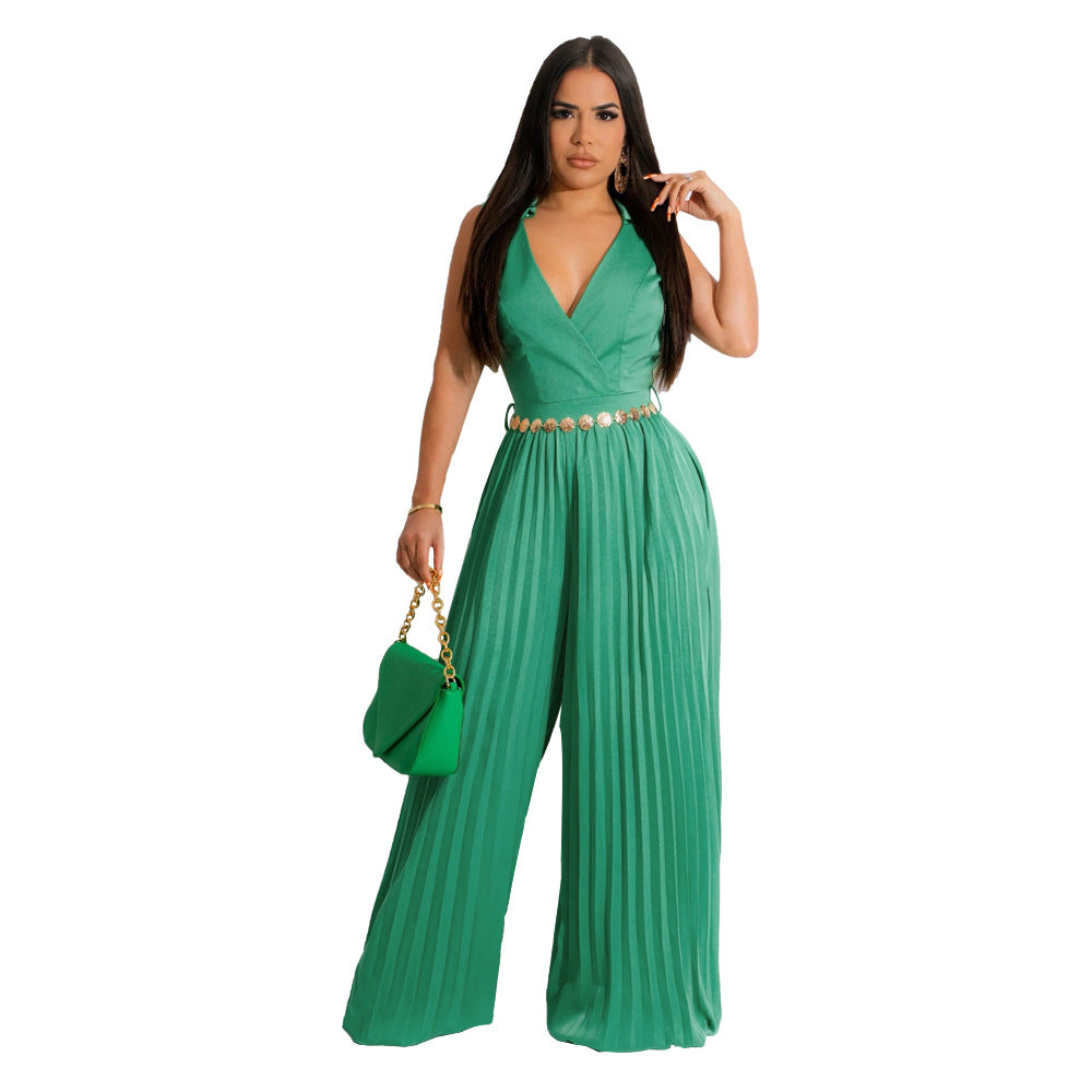 Sleeveless Chic Casual V Neck Slim Waist Pleated Wide Leg Jumpsuit 7